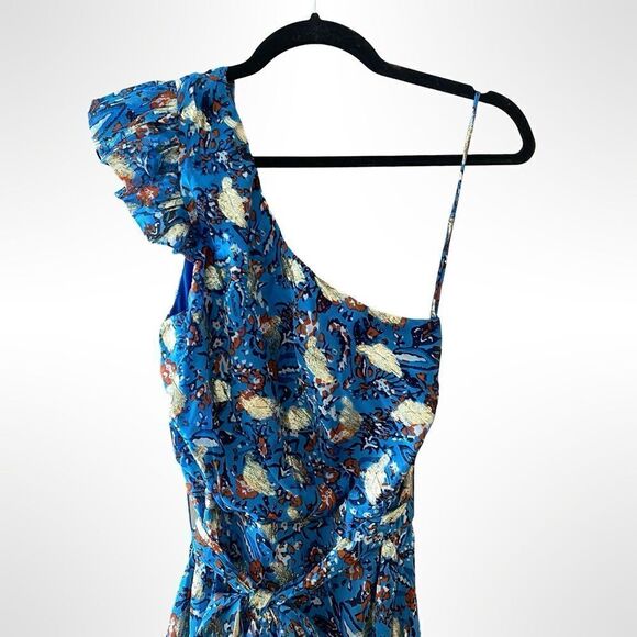 Karina Grimaldi Letitzia Dress LUREX print chiffon blue gold Sz S NWT $306 - Picture 8 of 11